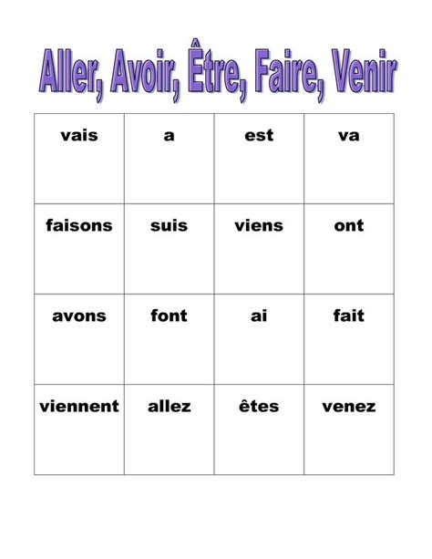 Aller Avoir Etre Faire Venir Verbes français Bingo