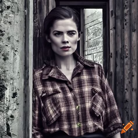 Actress Hayley Atwell Lookalike In Country Plaid Shirt And High Waist Black Leather Trousers