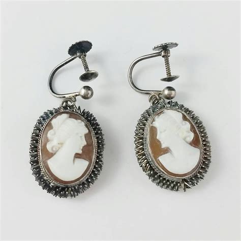 1940 S Vintage Sterling Cameo Screw Back Earrings Shell Cameo Earrings