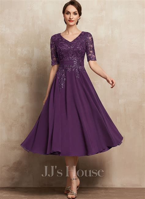 A Line V Neck Tea Length Chiffon Lace Mother Of The Bride Dress With