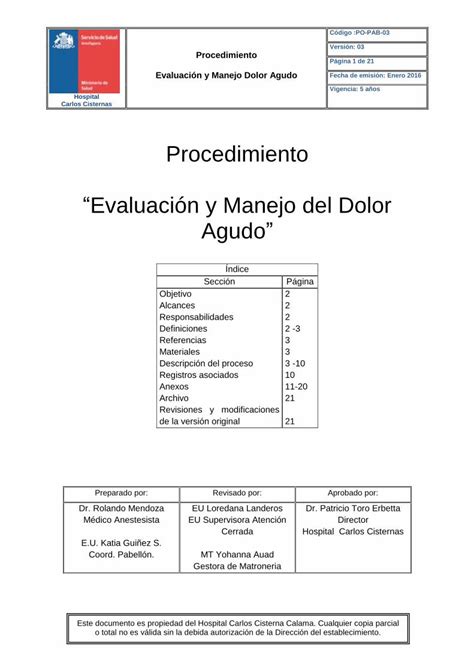 Pdf Procedimiento Evaluación Y Manejo Del Dolor Agudo · Generalmente