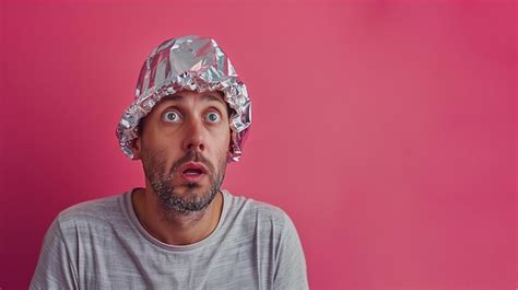 Premium Photo Man With A Shocked Expression Is Wearing Tin Foil Hat