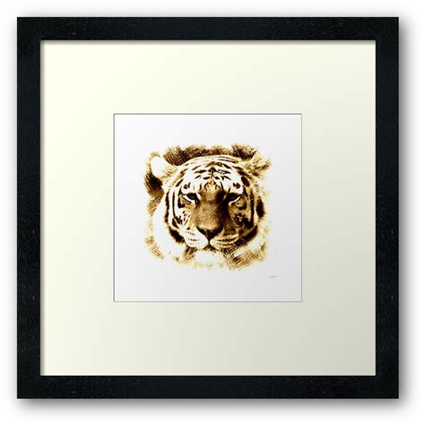 A Tigers Face Is Shown In Sepia And White Framed Art Print On Paper