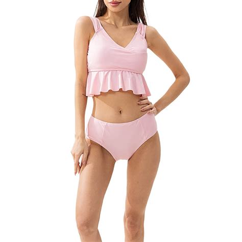 Gzea Womens Bikini Set Women S Solid Color Split Swimsuit Sexy Ruffled