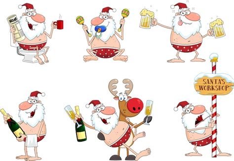 Premium Vector Drunk Naked Santa Claus And Reindeer Cartoon Characters