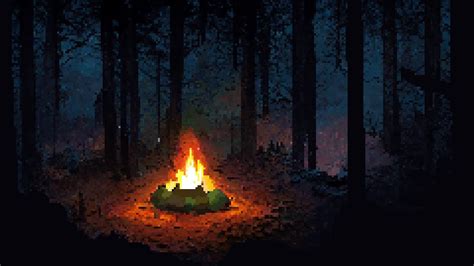 Campfire In The Dark Forest — Relaxing Campfire And Forest Sounds — Pixel