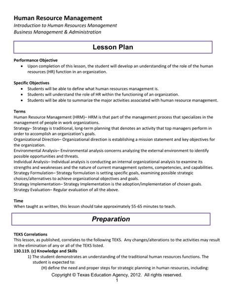 Human Resource Management Lesson Plan Introduction To Human Resources