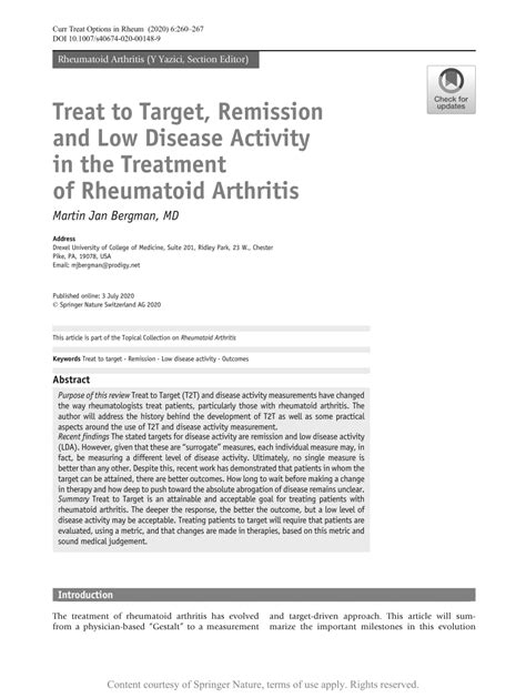 Treat To Target Remission And Low Disease Activity In The Treatment Of