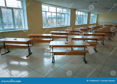 School Classroom With School Desks And Large Windows Sunny Day Stock Image Image Of Education