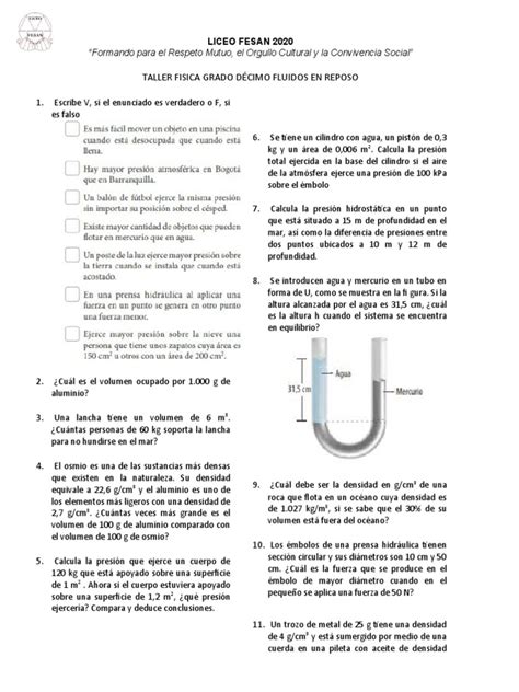 Taller Fluidos En Reposo Pdf Densidad Presión