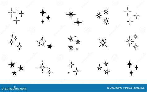 Hand Drawn Star Sparkle Shine of Doodle Set. Star Shine Twinkle Glow, Spark Glitter, Magic Party ...