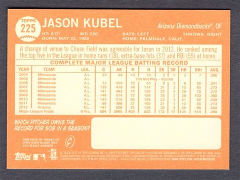 2013 TOPPS HERITAGE JASON KUBEL CARD 225 NM MT ARIZONA