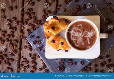 Coffee Beans With Coffee And Croissants Stock Image Image Of