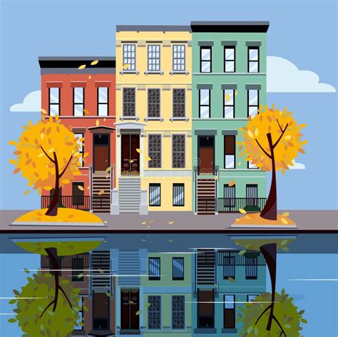 Colored Apartment Buildings on Lake. Facades of Buildings are Reflected ...