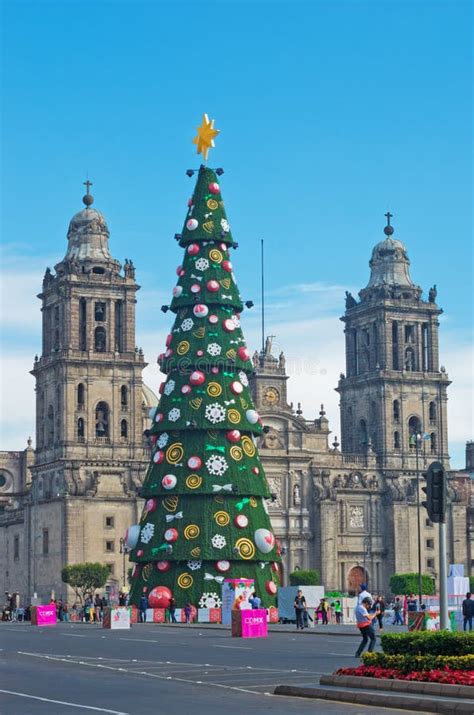 Metropolitan Cathedral And Christmas Tree Decorations In Zocalo Mexico