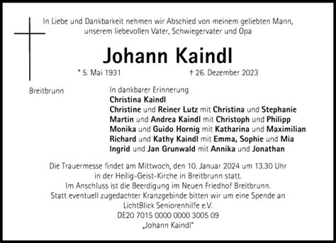 Traueranzeigen Von Johann Kaindl Sz Gedenken De