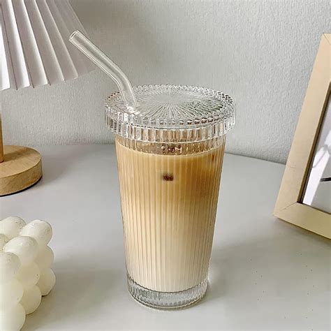 YAHUIPEIUS Glass Tumbler Stripe Glass Cup Coffee Cup With Lid And Straw