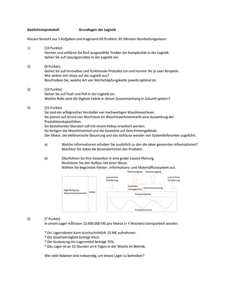 Altklausur Grundlagen der Logistik Gedächtnisprotokoll Grundlagen der