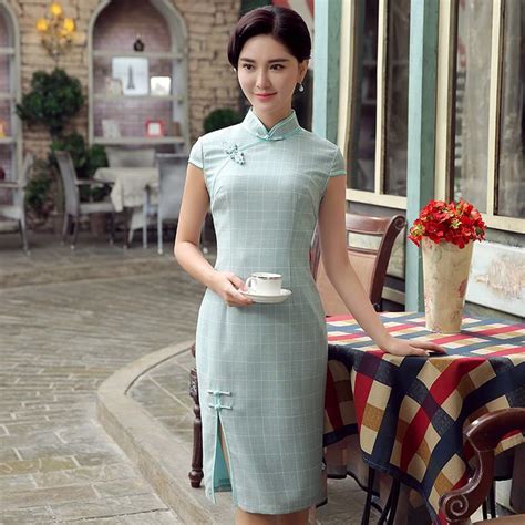 Lovable Plaid Knee Length Qipao Cheongsam Dress Light Blue