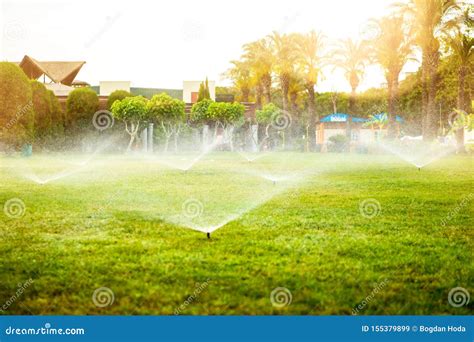 Modern Sprinkler Working On Grass Irrigation Multiple Sprinkler System