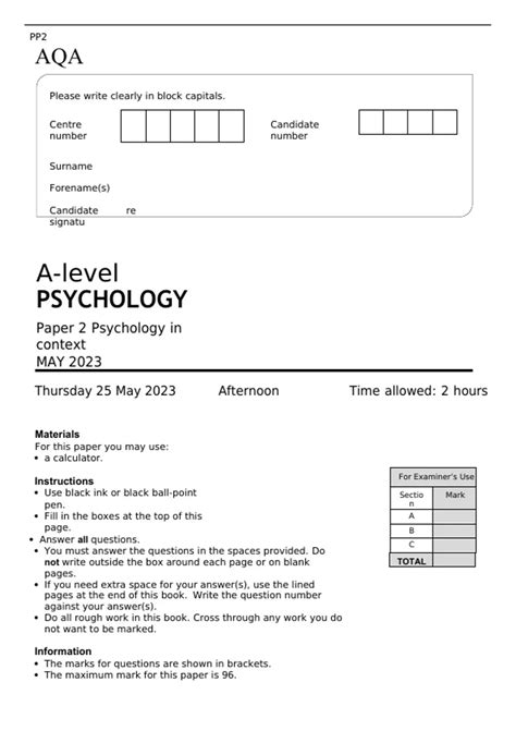 Aqa A Level Psychology Paper 2 May 2023 Final Question Paper Psychology In Context A Level