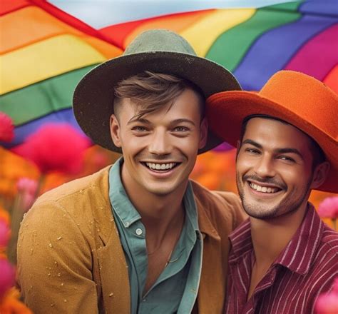 Premium AI Image A Beautiful Happy Gay Couple With Rainbow Colors In A Flower Field LGBTQ
