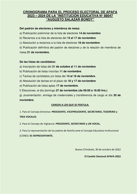 Cronograma PARA EL Proceso Electoral DE Apafa 2023 CRONOGRAMA PARA EL