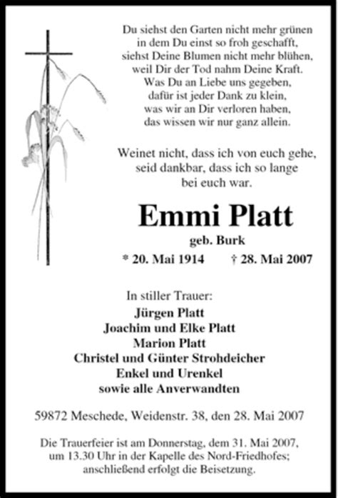 Traueranzeigen Von Emmi Platt Trauer In Nrw De