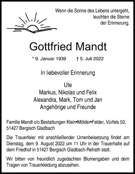 Traueranzeigen Von Gottfried Mandt WirTrauern