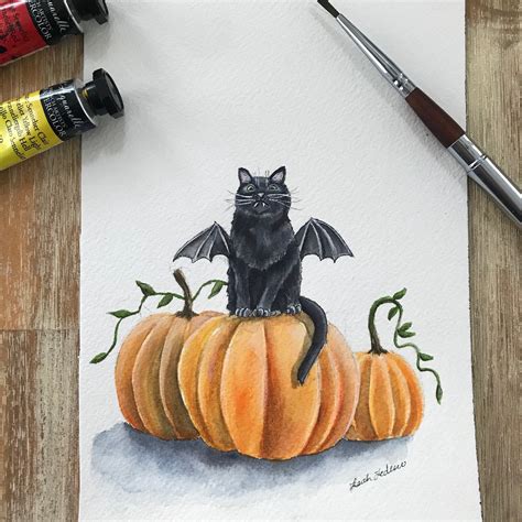 Black Cat Pumpkin Watercolor Print Halloween Cat Dressed Up Etsy