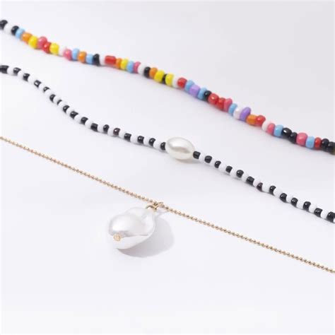 Collier Femme Plaqu Or Multirang Perles Multicolores Collier Rangs