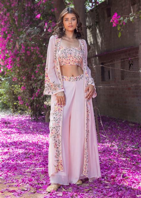 Buy Powder Pink Palazzo And Crop Top Suit With Flowy Jacket And Floral