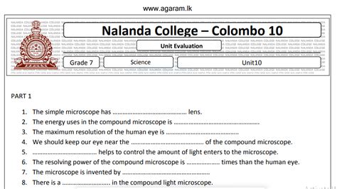 Science Nalanda College Unit Exam Paper 10 Grade 07