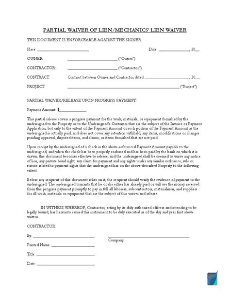 Free Partial Lien Release Form Waiver PDF Template