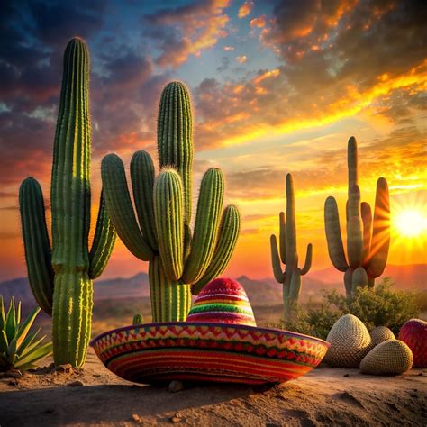 Un Desierto Con Cactus Y Una Puesta De Sol En El Fondo Imagen Premium