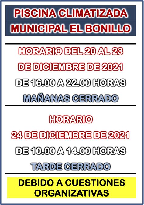 LA PISCINA CLIMATIZADA MUNICIPAL DE EL BONILLO INFORMA HORARIOS SEMANA