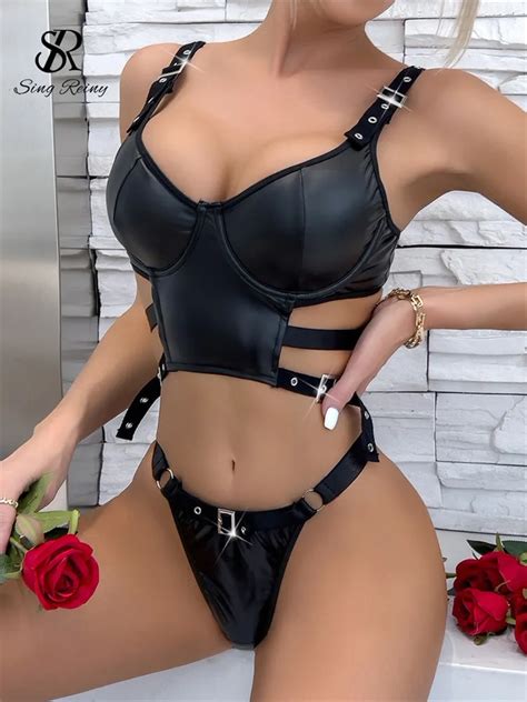 SINGREINY Clubwear PU Leather Sexy Bra Brief Suits Solid Straps