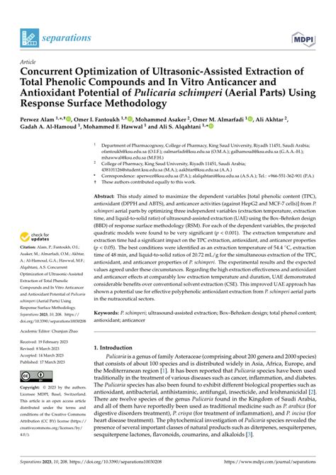 Pdf Concurrent Optimization Of Ultrasonic Assisted Extraction Of Total Phenolic Compounds And