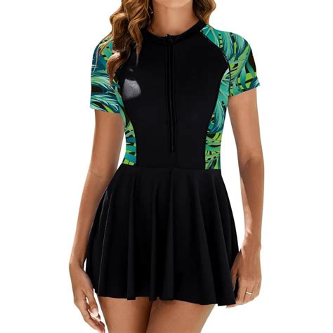 Idopip Womens One Piece Swimsuit Dress Tummy Control Swimwear Swimdress Leaves Print Rash Guard