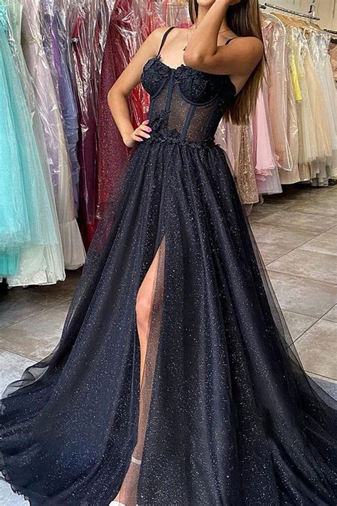 Hellymoon Women Black Tulle Corset Prom Dress With Slit Spaghetti Straps A Line Party Dress