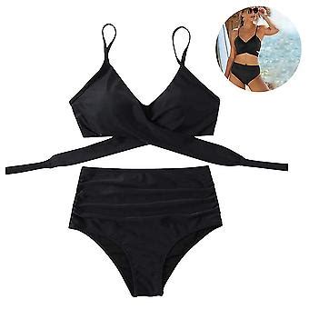 Kvinders højtaljede Bandage Bikini Sæt Wrap To Piece Push Up Badetøj Cross Mønster Kvinders