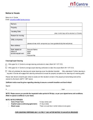 Fillable Online Notice To Vacate N1 Centre Fax Email Print PdfFiller