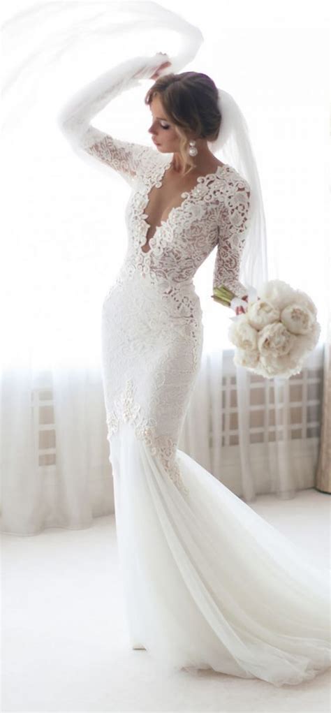 Mermaid Sheer Long Sleeve Lace Wedding Dresses Sheer Neckline Bridal