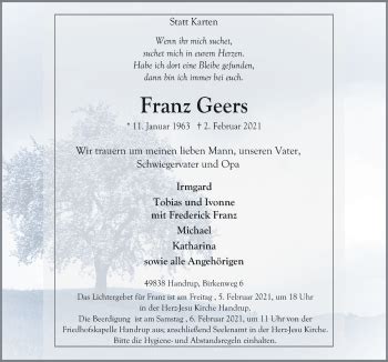 Traueranzeigen Von Franz Geers Noz Trauerportal