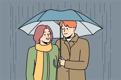 Happy Couple Walking Under Umbrella In Rain Smiling Man And Woman Enjoy Date Outdoors In Rainy