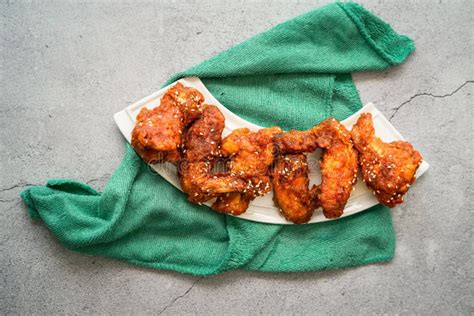 Deep Fried Chicken Wing With Hot And Spicy Sauce In Korean Style Or Asian Food Concept Stock