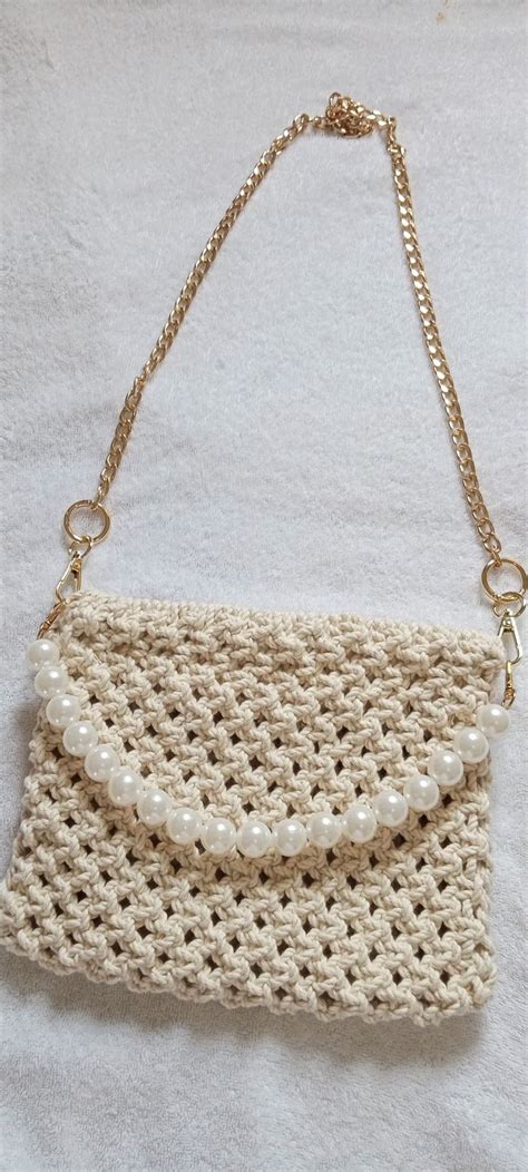 Macrame Shoulder Bag With Pearls Handmade Diy Bags Shoulder Bag