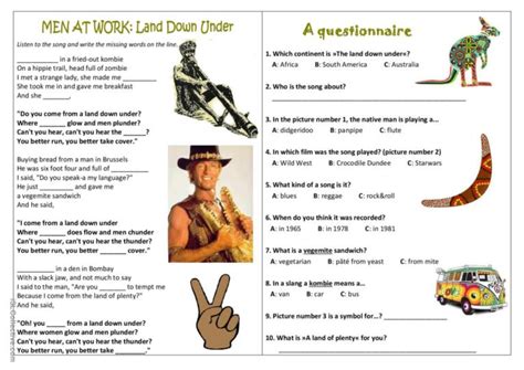 Australia- song Land down under disc…: English ESL worksheets pdf & doc