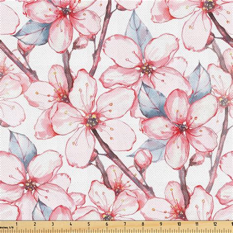 Ambesonne Asian Fabric By The Yard Cherry Flower Watercolor Art