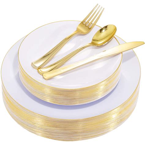 Nervure 125PCS White And Gold Rim Plastic Plates Disposable Gold